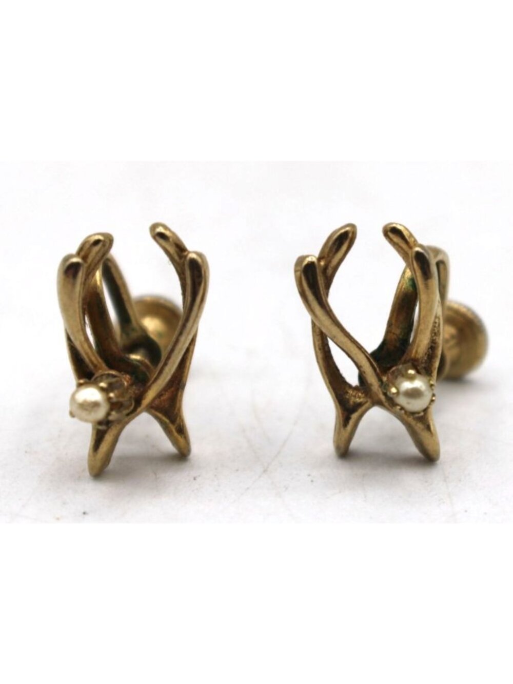 Vintage Wishbone Stacked Pearl Screw Back Earrings Retro Sculptural Jewelry 60s